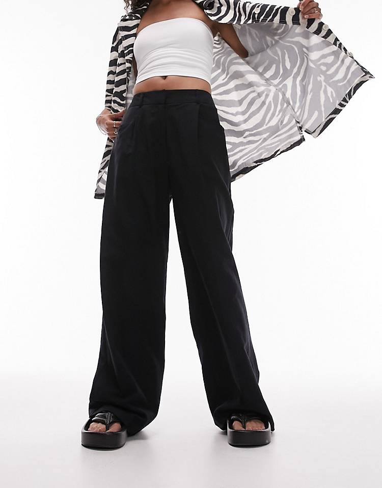 Topshop linen-blend wide leg pants in black - part of a set